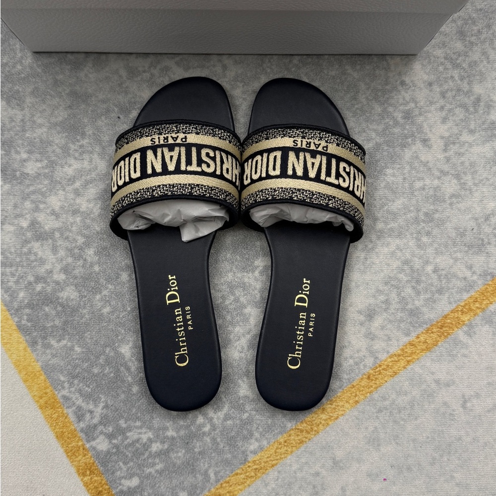 Dior Black and Beige Logo Slide Sandals